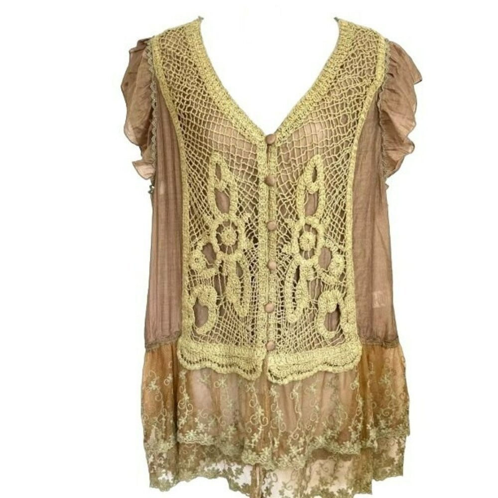 NWOT SCULLY BRONZE BEIGE SEMI-SHEER LAYERED LACE BLOUSE SIZE LARGE